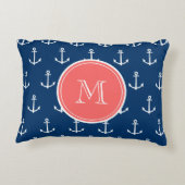 Navy Blue White Anchors Pattern, Coral Monogram 2 Decorative Pillow (Back)