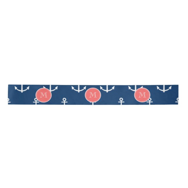 Navy Blue White Anchors Pattern, Coral Monogram 2 Satin Ribbon (Front)