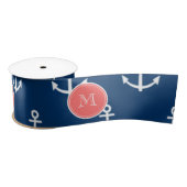 Navy Blue White Anchors Pattern, Coral Monogram 2 Satin Ribbon (Spool)
