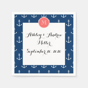 Navy Blue White Anchors Pattern, Coral Monogram Paper Napkins