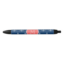 Navy Blue White Anchors Pattern, Coral Monogram Pen