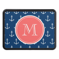 Navy Blue White Anchors Pattern, Coral Monogram Tow Hitch Cover