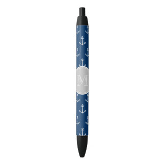 Navy Blue White Anchors Pattern, Gray Monogram Black Ink Pen