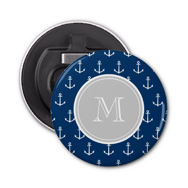 Navy Blue White Anchors Pattern, Gray Monogram Bottle Opener (Front)
