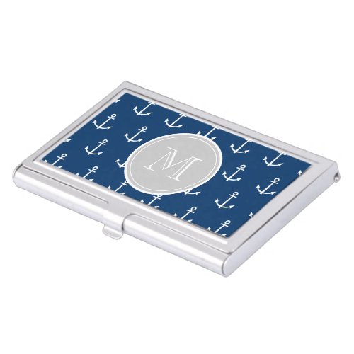 Navy Blue White Anchors Pattern Gray Monogram Business Card Holder