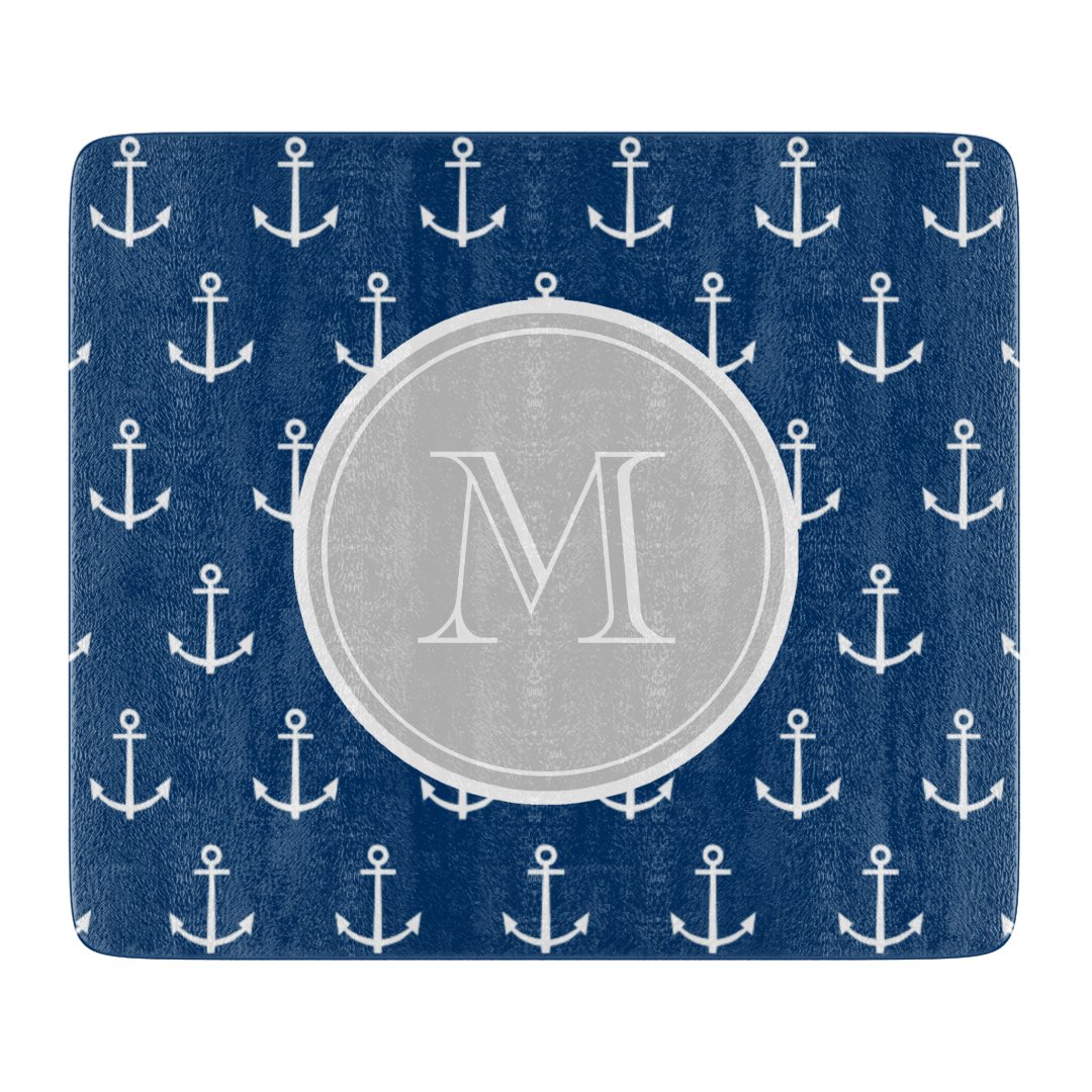 Navy Blue White Anchors Pattern Gray Monogram Cutting Board Zazzle