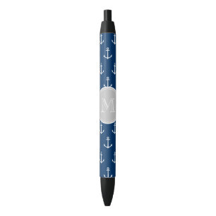 Navy Blue White Anchors Pattern, Gray Monogram Pen