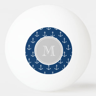 Navy Blue White Anchors Pattern, Gray Monogram Ping-Pong Ball