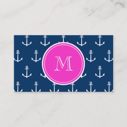 Navy Blue White Anchors Pattern Hot Pink Monogram Business Card