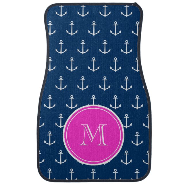 Navy Blue White Anchors Pattern, Hot Pink Monogram Car Mat (Front)