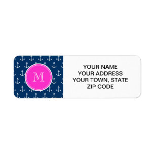 Navy Blue White Anchors Pattern, Hot Pink Monogram Label