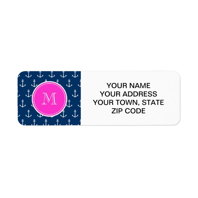 Navy Blue White Anchors Pattern, Hot Pink Monogram Label (Front)