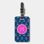 Navy Blue White Anchors Pattern, Hot Pink Monogram Luggage Tag at Zazzle