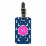 Navy Blue White Anchors Pattern, Hot Pink Monogram Luggage Tag
