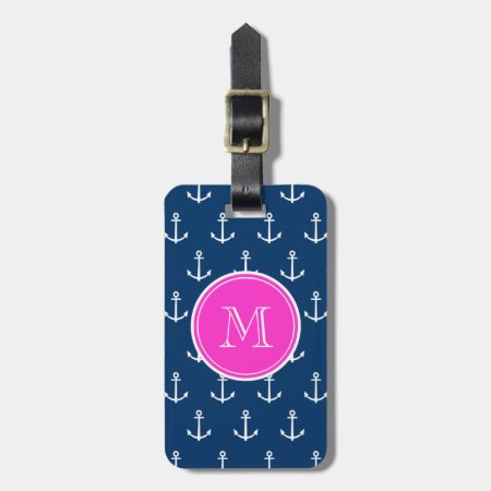 Navy Blue White Anchors Pattern, Hot Pink Monogram Luggage Tag