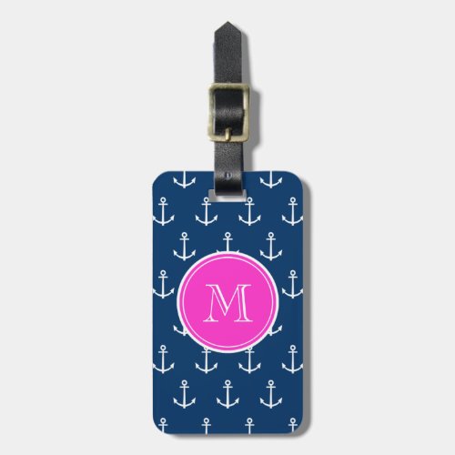 Navy Blue White Anchors Pattern Hot Pink Monogram Luggage Tag