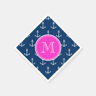 Navy Blue White Anchors Pattern, Hot Pink Monogram Napkins