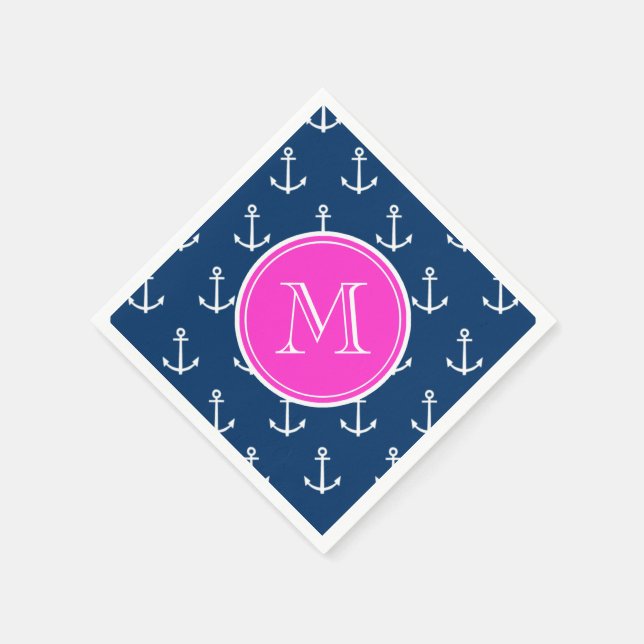Navy Blue White Anchors Pattern, Hot Pink Monogram Napkins (Corner)