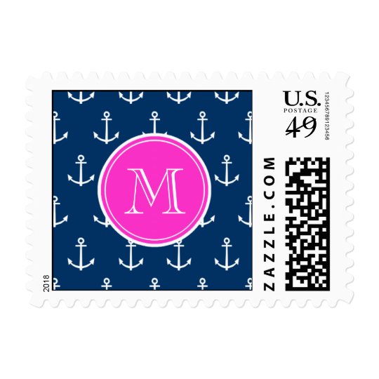 Navy Blue White Anchors Pattern, Hot Pink Monogram Postage