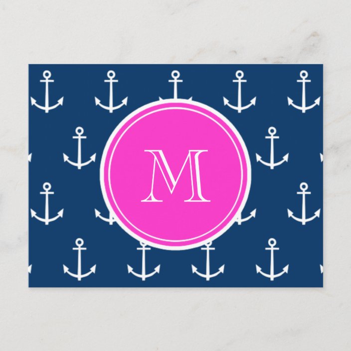 Navy Blue White Anchors Pattern Hot Pink Monogram Postcard