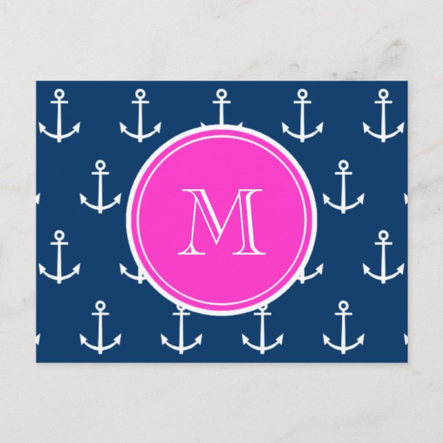 Navy Blue White Anchors Pattern, Hot Pink Monogram Postcard (Front)