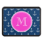 Navy Blue White Anchors Pattern, Hot Pink Monogram