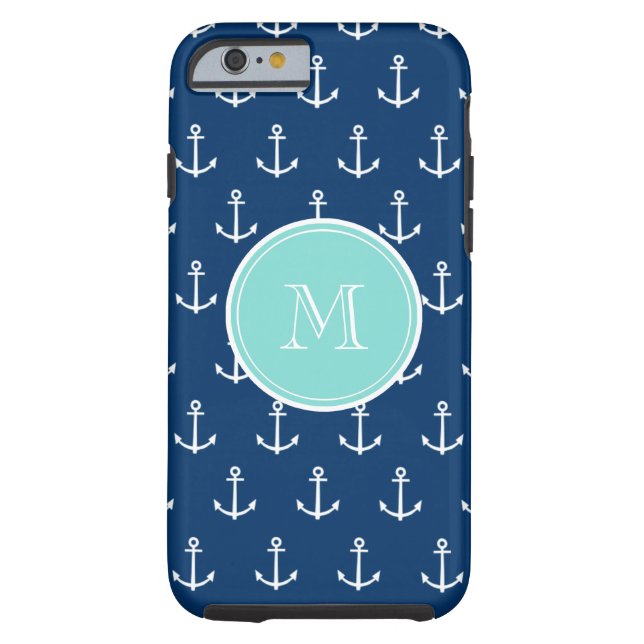 Navy Blue White Anchors Pattern, Mint Green Monogr Case-Mate iPhone Case (Back)