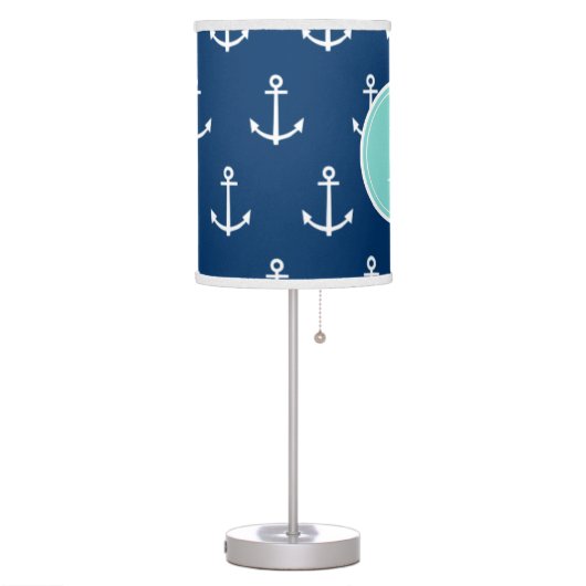 Navy Blue White Anchors Pattern, Mint Green Monogr Table Lamp (Left)