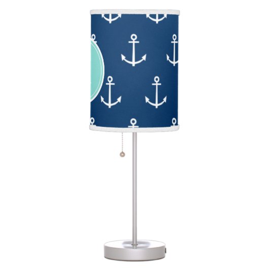 Navy Blue White Anchors Pattern, Mint Green Monogr Table Lamp (Right)