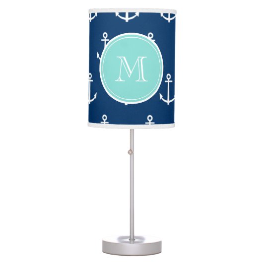 Navy Blue White Anchors Pattern, Mint Green Monogr Table Lamp (Front)