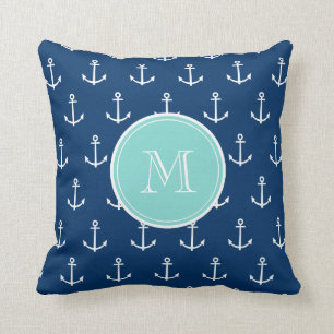 Navy Blue White Anchors Pattern, Mint Green Monogr Throw Pillow
