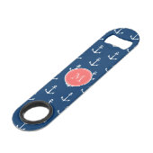Navy Blue White Anchors Pattern, Red Monogram Bar Key (Front Angled)