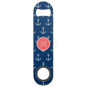 Navy Blue White Anchors Pattern, Red Monogram Bar Key (Back)