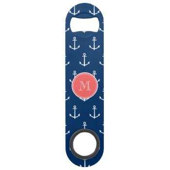 Navy Blue White Anchors Pattern  Red Monogram Bar Key by GraphicsByMimi at Zazzle
