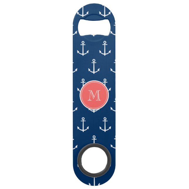 Navy Blue White Anchors Pattern, Red Monogram Bar Key (Front)