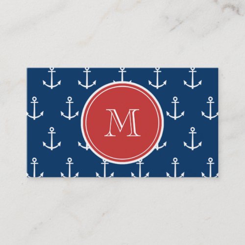 Navy Blue White Anchors Pattern Red Monogram Business Card