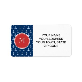 Navy Blue White Anchors Pattern  Red Monogram Label by GraphicsByMimi at Zazzle
