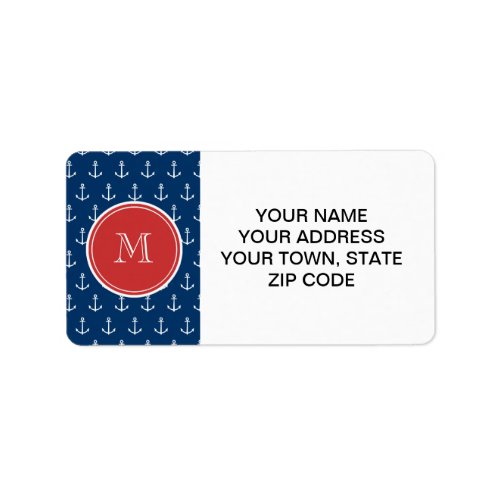 Navy Blue White Anchors Pattern Red Monogram Label