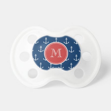 Navy Blue White Anchors Pattern, Red Monogram Pacifier