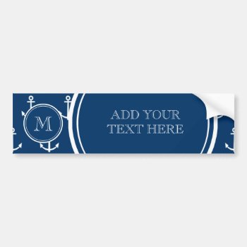 Navy Blue White Anchors Pattern  Your Monogram Bumper Sticker by GraphicsByMimi at Zazzle
