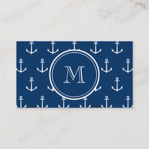 Navy Blue White Anchors Pattern Your Monogram Business Card