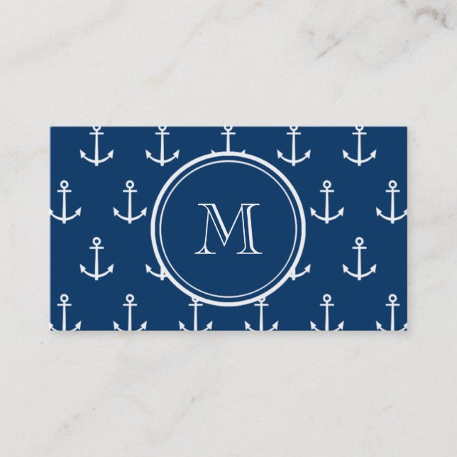 Navy Blue White Anchors Pattern, Your Monogram Business Card (Front)