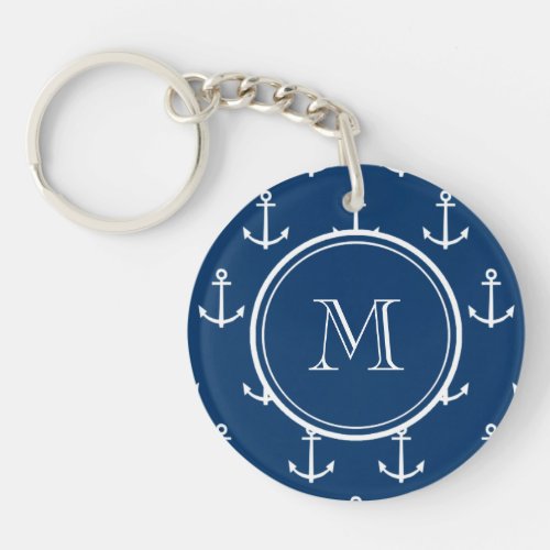Navy Blue White Anchors Pattern Your Monogram Keychain