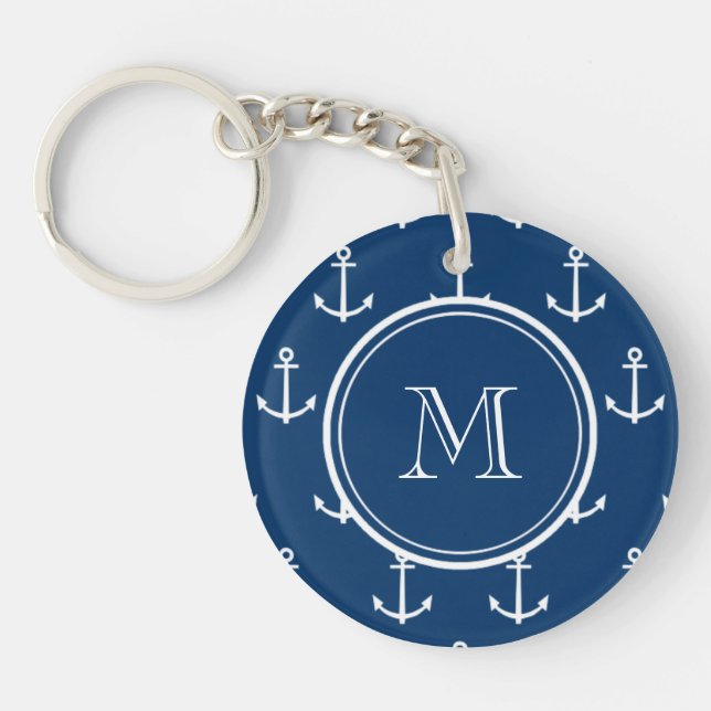 Navy Blue White Anchors Pattern, Your Monogram Keychain (Front)