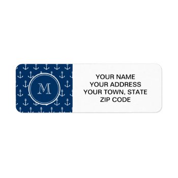 Navy Blue White Anchors Pattern  Your Monogram Label by GraphicsByMimi at Zazzle