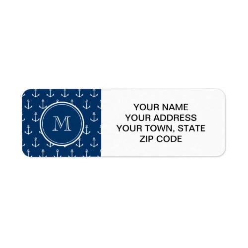 Navy Blue White Anchors Pattern Your Monogram Label