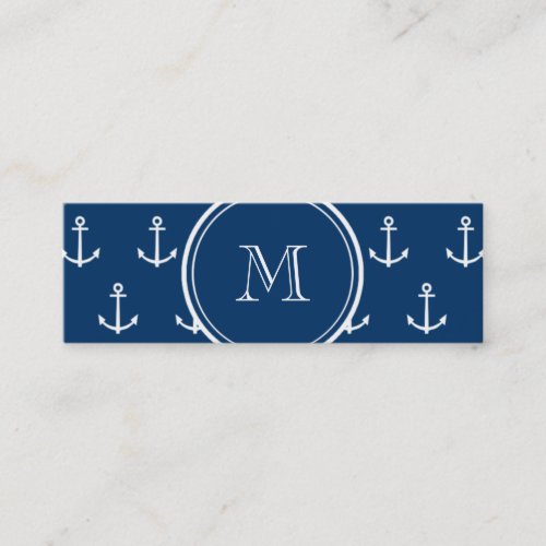 Navy Blue White Anchors Pattern, Your Monogram Business Card Template