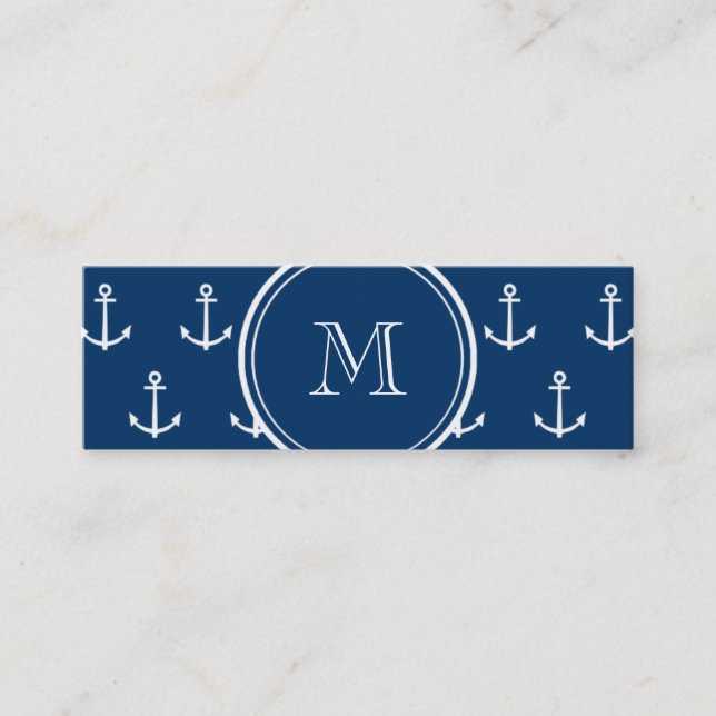 Navy Blue White Anchors Pattern, Your Monogram Mini Business Card (Front)