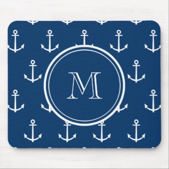 Navy Blue White Anchors Pattern  Your Monogram Mouse Pad by GraphicsByMimi at Zazzle