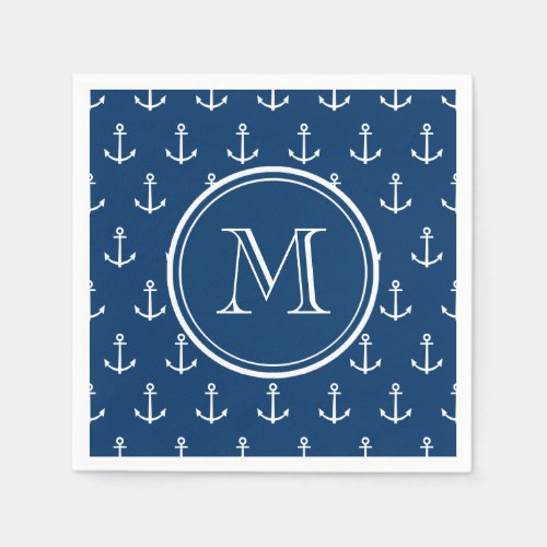 Navy Blue White Anchors Pattern Your Monogram Napkins